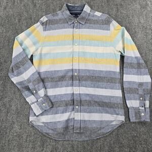 Tommy Hilfiger Shirt Mens Medium Blue Yellow Gray Striped Linen Blend Custom Fit
